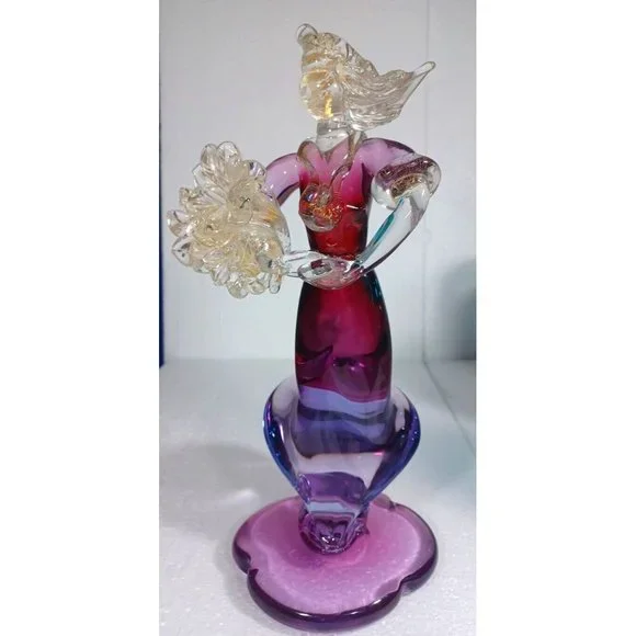 Vintage XL Murano Glass Woman Flower Bouquet Figurine Green Purple Pink 24k Gold - Picture 11 of 14